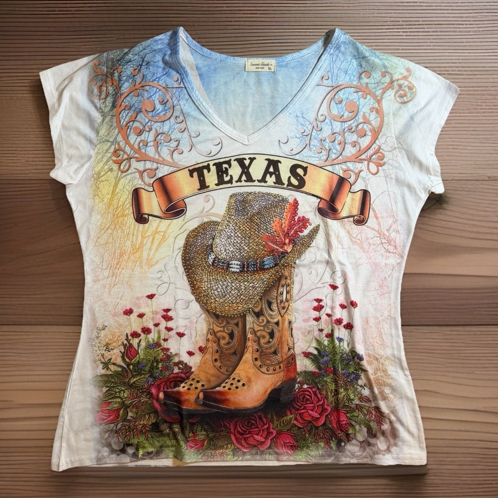 Sweet Gisele Country Texas Cowboy Hat Boots Rhinestones Shirt XL Land Man